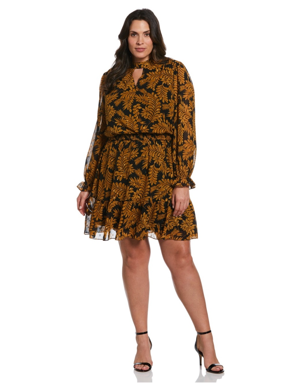 Rafaella Black and Mustard Leaf-Print Long-Sleeve Dress